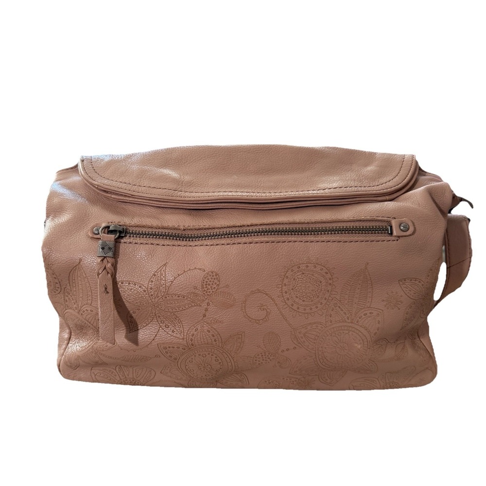 The Sak Taupe Leather Crossbody Bag Embossed Floral Boho Tan Zip Purse - Picture 3 of 11